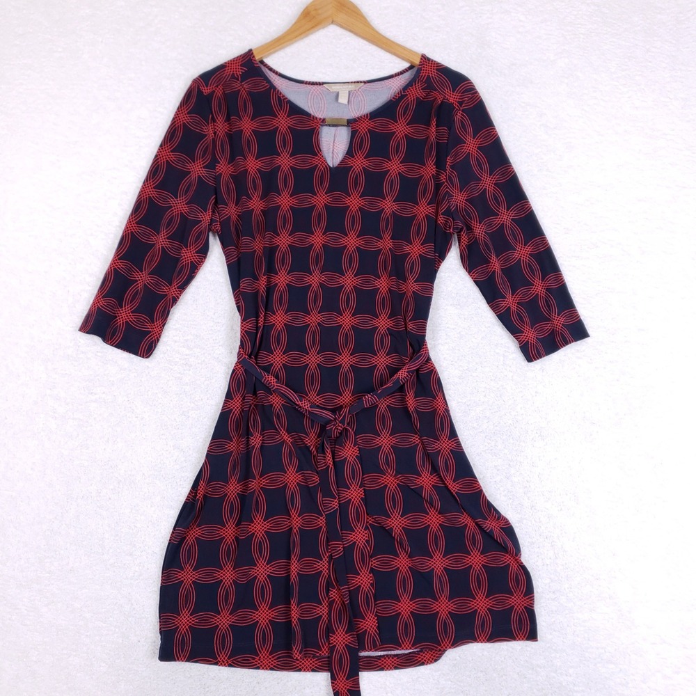 Banana Republic Dress PL Petite Large Geometric Keyhole Belted Mod Navy Red
